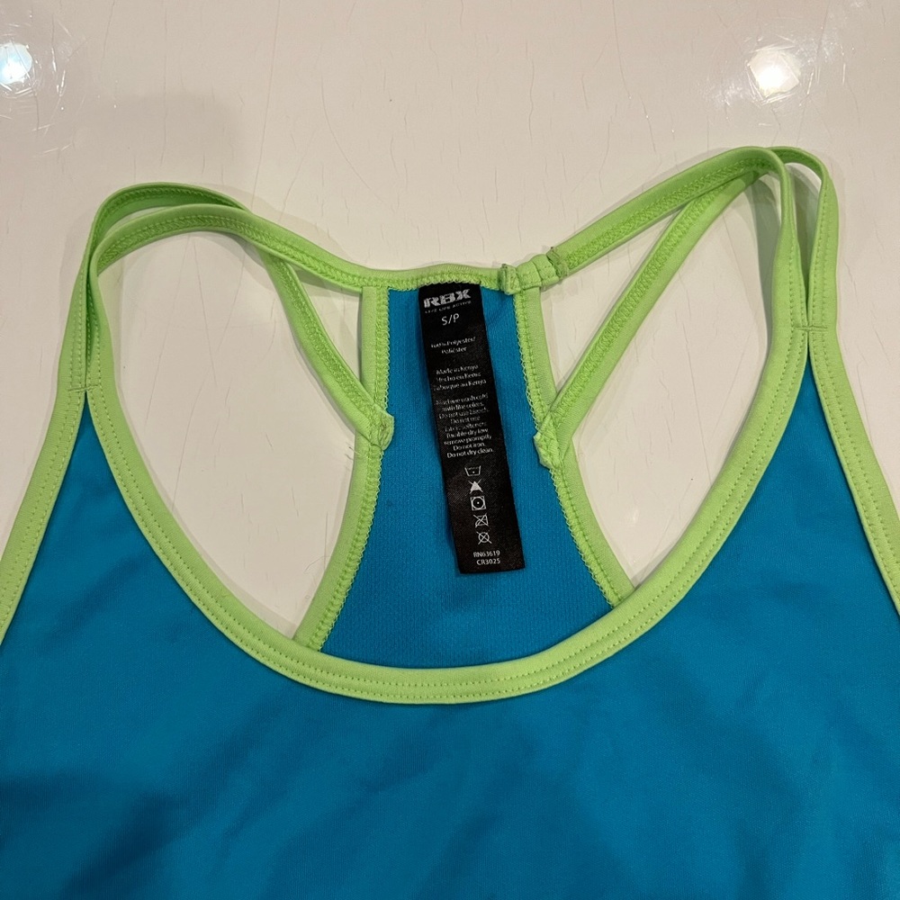 RBX athletic tank in light blue and green. Soft, sweat resistant material. - Picture 3 of 4